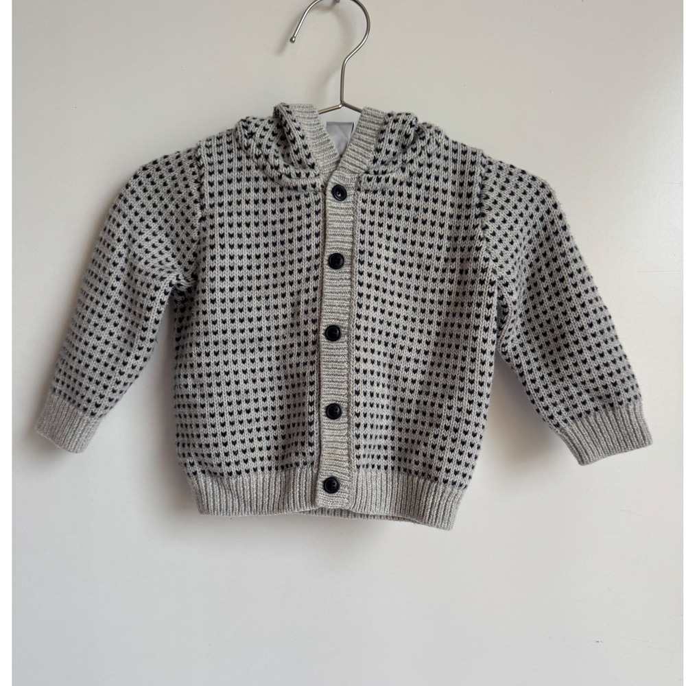 Petit Bateau Kids Gray Navy Wool Cotton Hooded Button Cardigan Sweater 12m 74cm